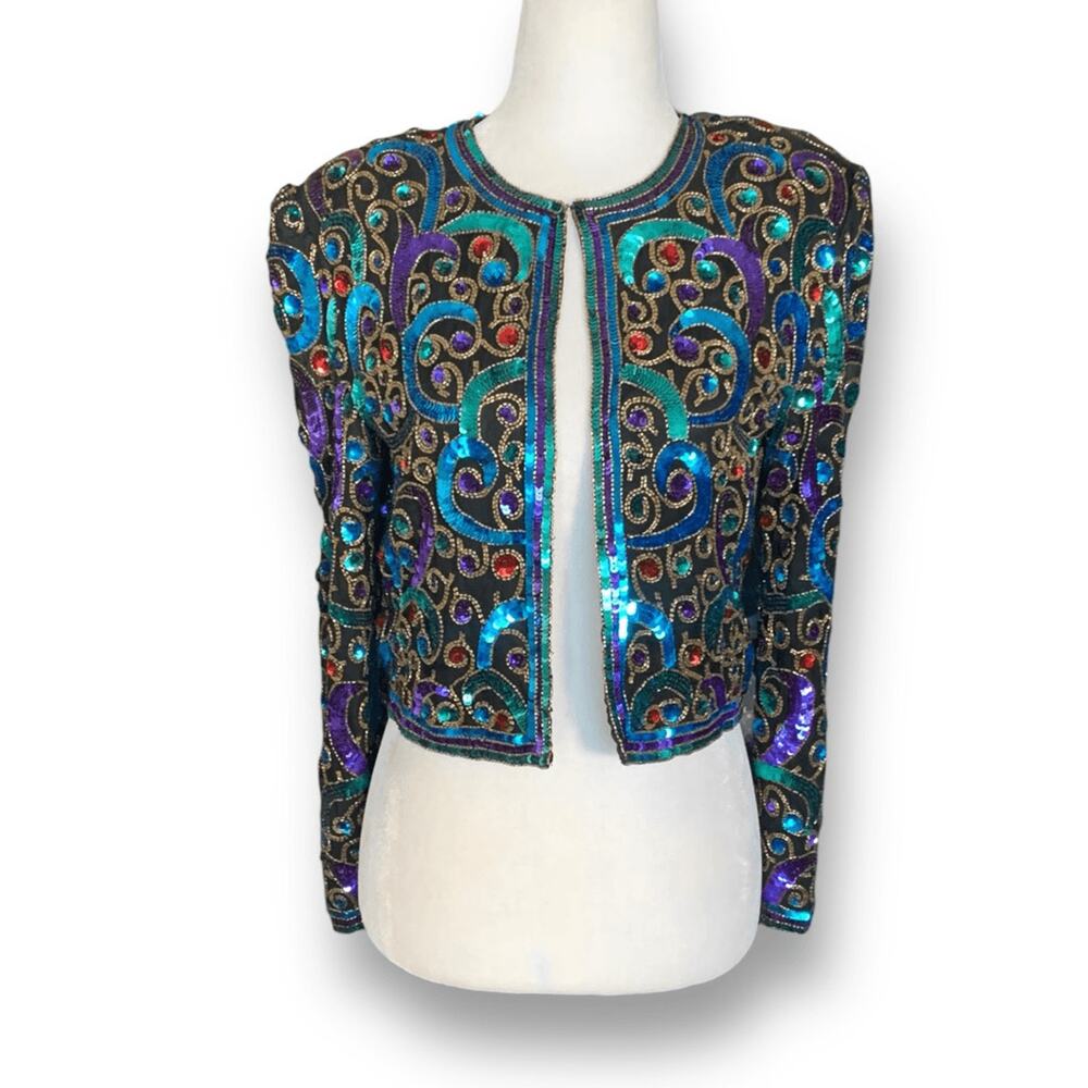Vintage Scala Silk Sequin Beaded Collarless Jacket Jewel Tone Crop‎ Glam Petite